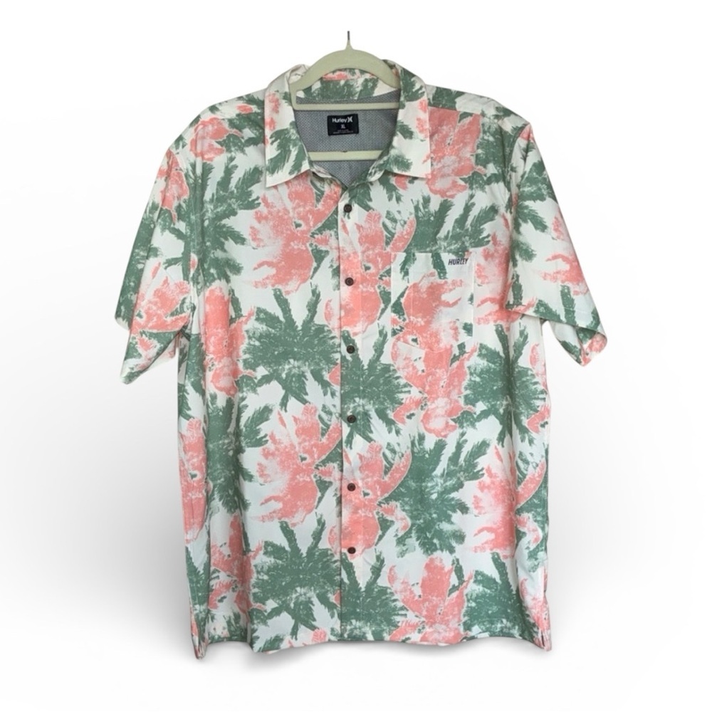 HURLEY Men's Shirt, XL, Tropical Green and Orange Floral, Button-Up EUC